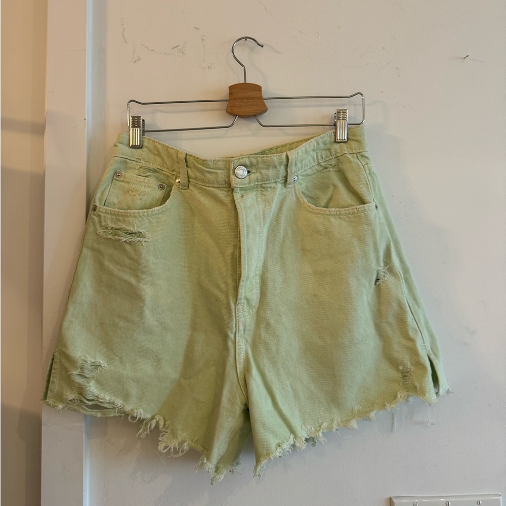 Light Green Distressed Denim Shorts